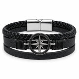 SEYOR men’s black multilayer leather bracelet with braided bands, textured straps, silver-tone compass medallion and magnetic clasp.