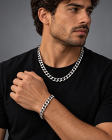 Male model wearing a polished silver Cuban chain necklace and matching bracelet with a black T-shirt.