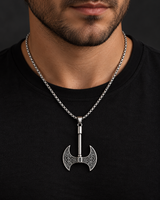 Male model wearing a silver-tone Celtic Viking axe pendant necklace with a black T-shirt.