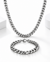 Polished silver Cuban link necklace and matching bracelet displayed on a clean white background.