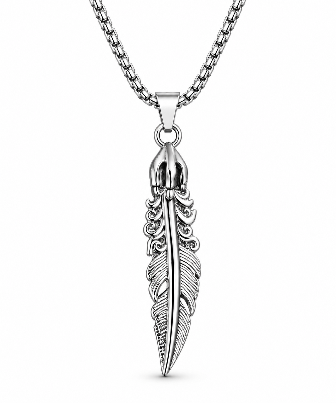 Men’s silver-tone feather pendant necklace with ornate detailing displayed on a white background.