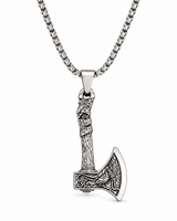 Men’s silver-tone Viking axe pendant necklace with detailed engravings displayed on a white background.
