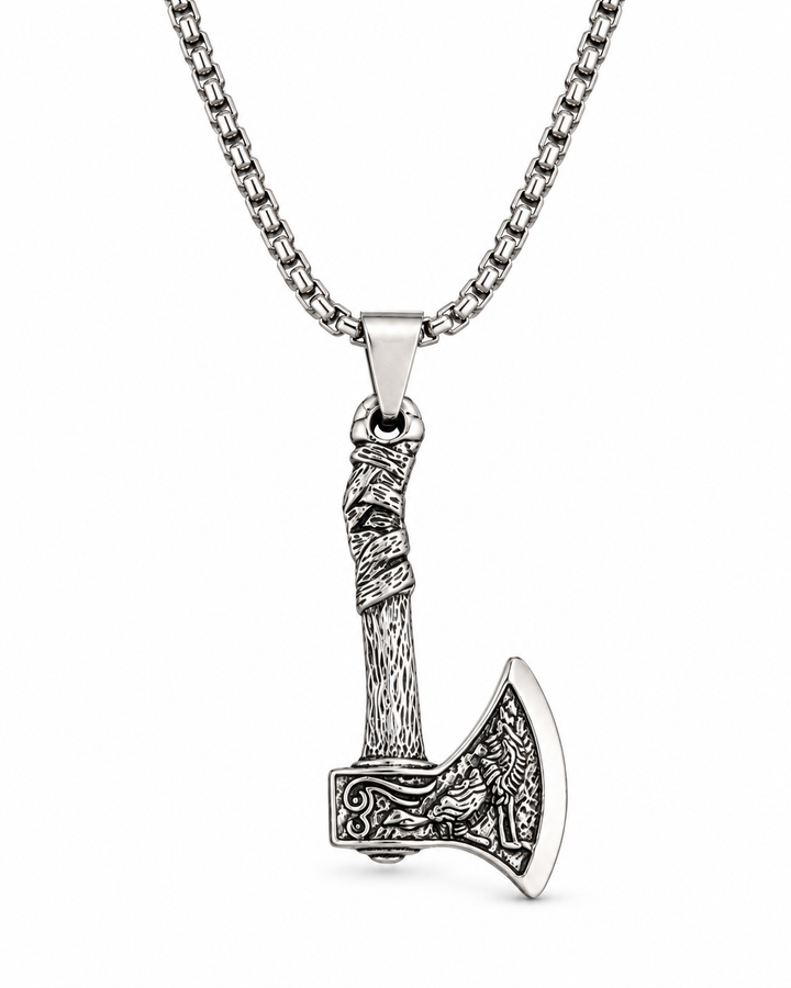 Men’s silver-tone Viking axe pendant necklace with detailed engravings displayed on a white background.