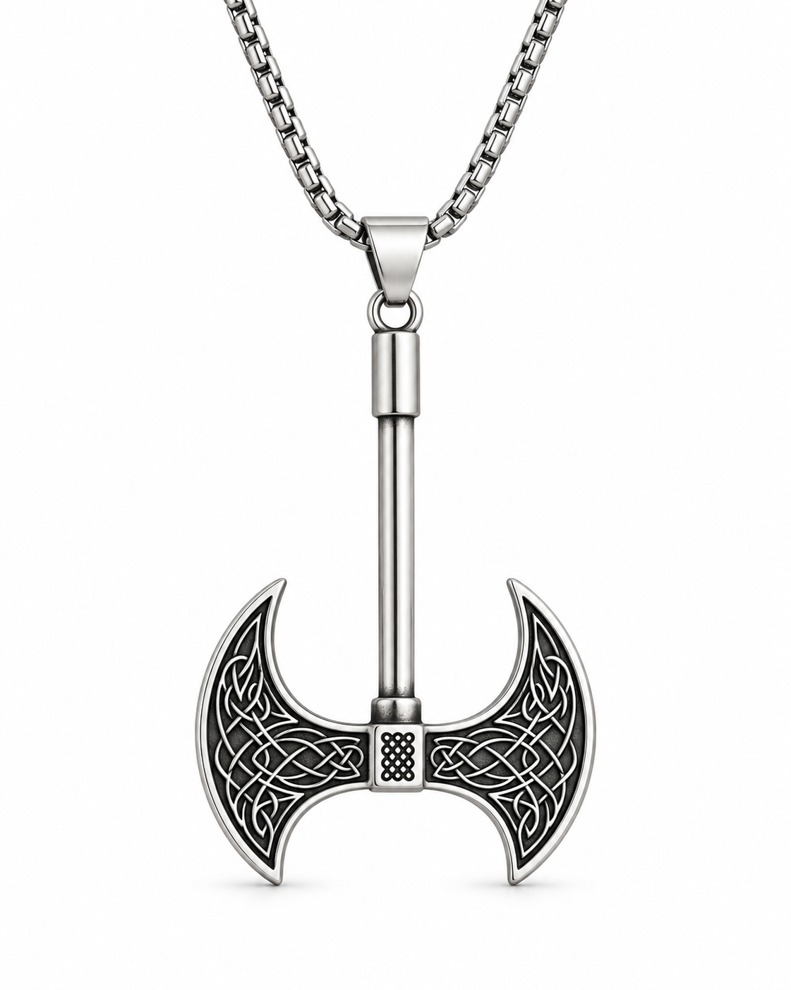 Men’s silver-tone double-headed Viking axe pendant necklace with detailed Celtic knot engravings on a white background.