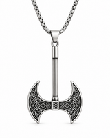 Men’s silver-tone double-headed Viking axe pendant necklace with detailed Celtic knot engravings on a white background.