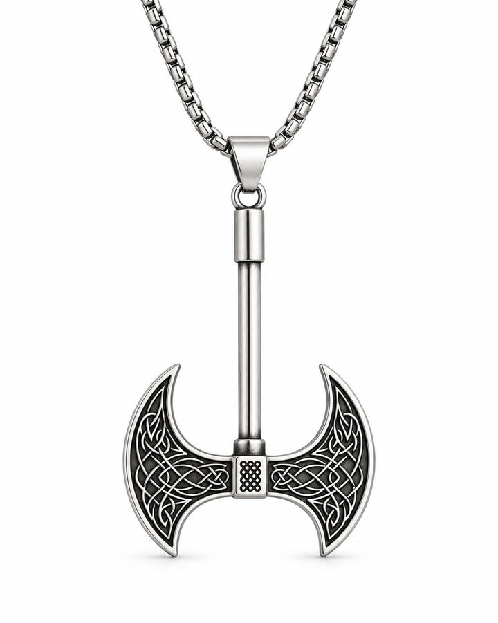 Men’s silver-tone double-headed Viking axe pendant necklace with detailed Celtic knot engravings on a white background.