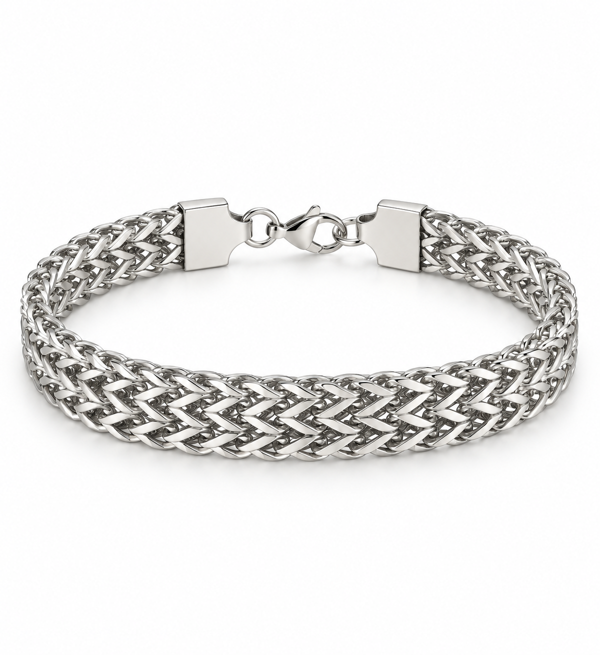 Men’s polished silver-tone woven chain bracelet with a lobster clasp displayed on a white background.