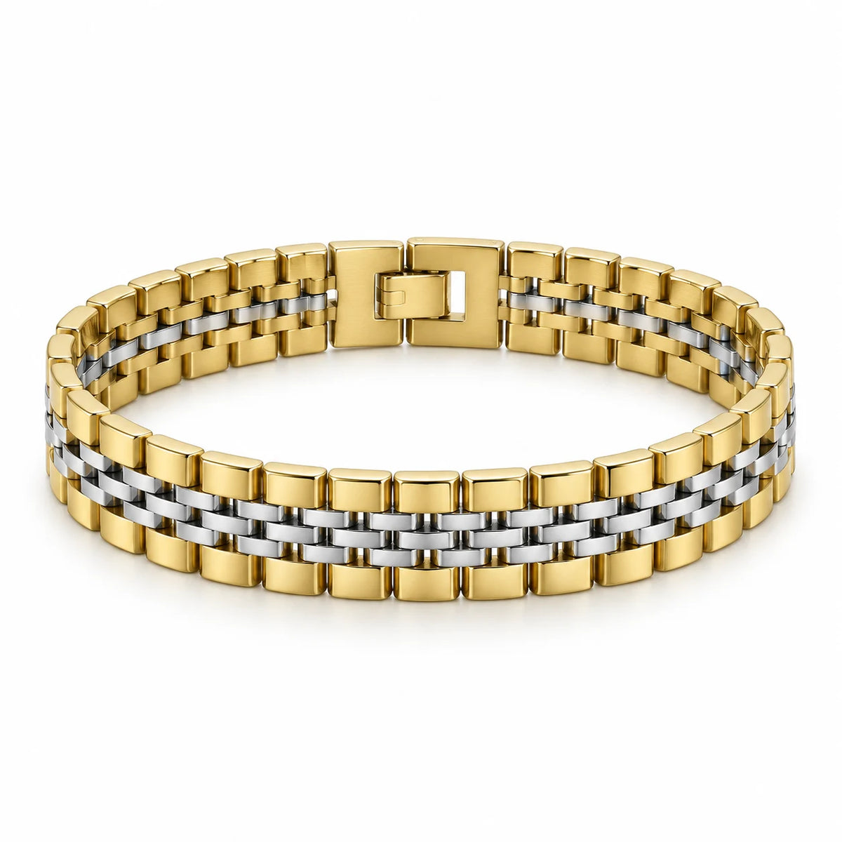 Gold and silver-tone multi-row link bracelet displayed against a clean white background with its fold-over clasp visible.