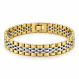 Gold and silver-tone multi-row link bracelet displayed against a clean white background with its fold-over clasp visible.