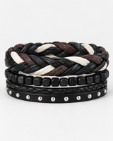 Four-piece men’s bracelet set with multicolor braid, black square beads and silver-tone studs on a white background