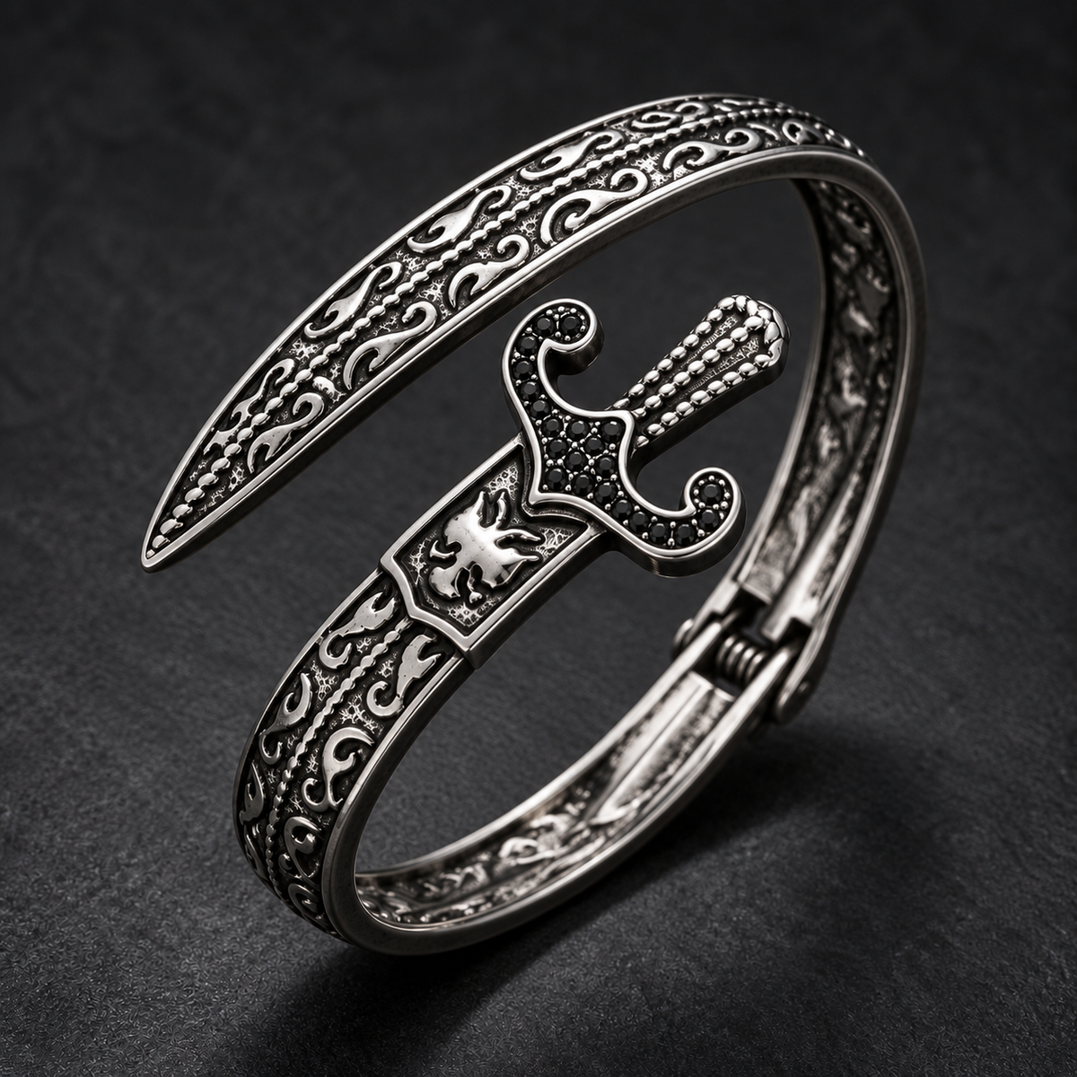Men’s silver-tone sword stainless steel bracelet angled view