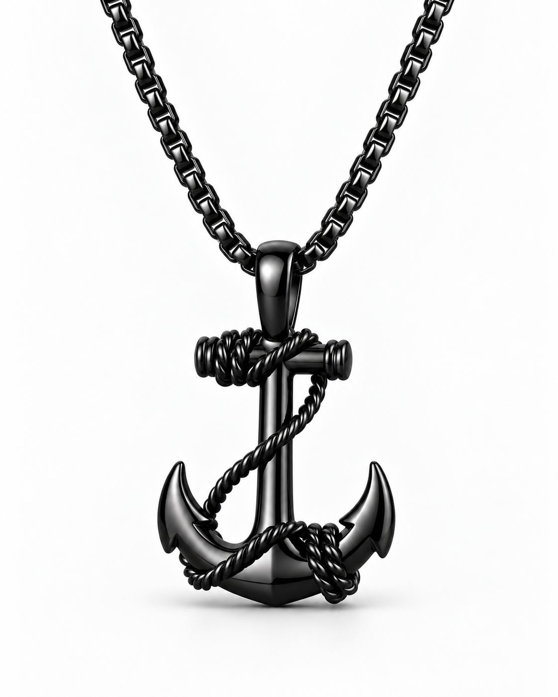 Front view of the SEYOR men’s black rope-wrapped anchor pendant with matching chain