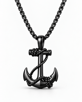 Front view of the SEYOR men’s black rope-wrapped anchor pendant with matching chain