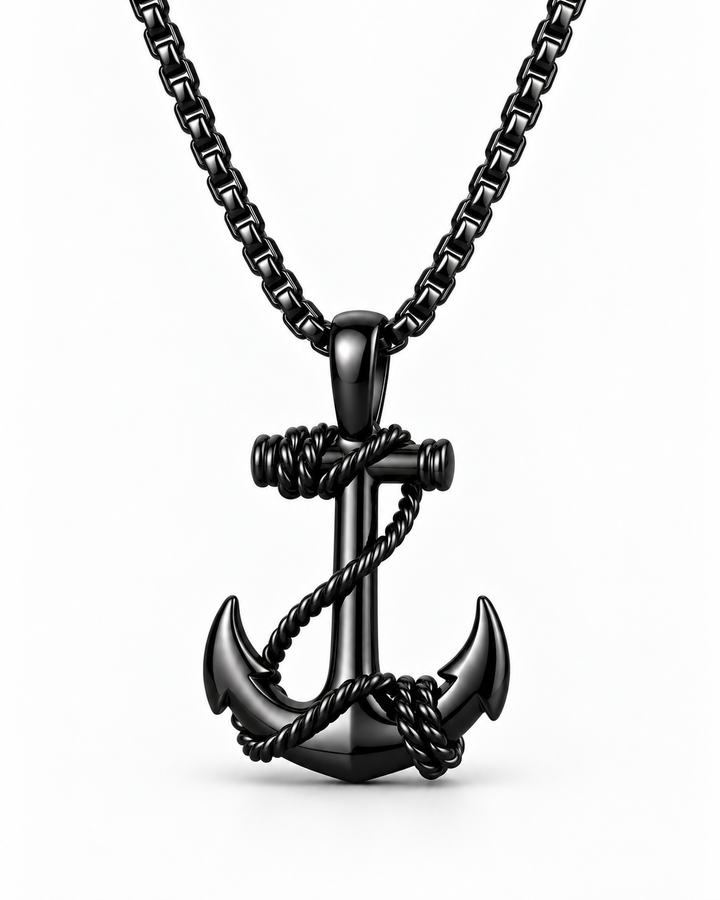 Front view of the SEYOR men’s black rope-wrapped anchor pendant with matching chain
