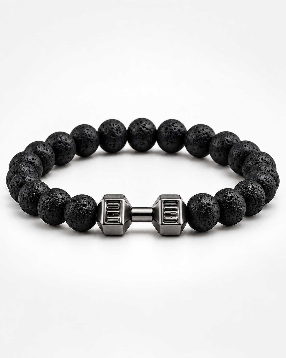 Front view of a men’s black lava bead workout bracelet with a silver-tone dumbbell accent