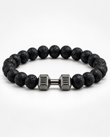 Front view of a men’s black lava bead workout bracelet with a silver-tone dumbbell accent