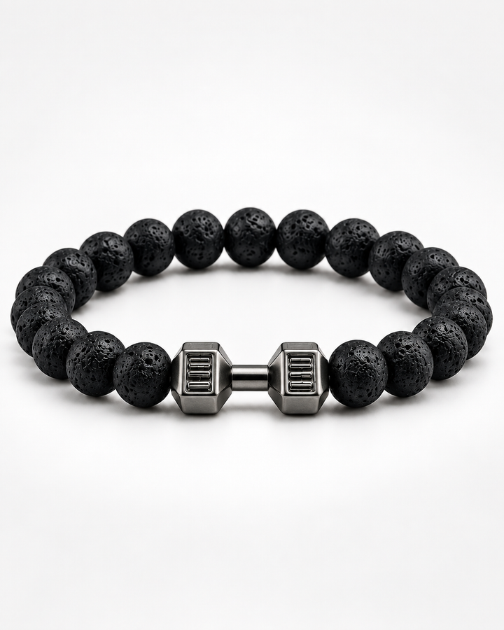 Front view of a men’s black lava bead workout bracelet with a silver-tone dumbbell accent