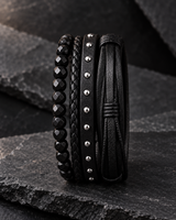 SEYOR men’s layered black bracelet featuring faceted beads, braided bands, and polished silver-tone stud accents