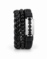 Men’s black three-piece bracelet set with silver-tone razor blade emblem on a clean white background