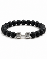 SEYOR men’s textured black lava stone bracelet featuring a silver-tone dumbbell centerpiece