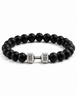 SEYOR men’s bracelet with smooth matte black beads and a silver-tone dumbbell centerpiece