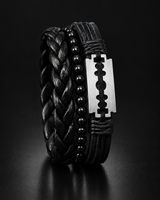Men’s black three-piece bracelet set with braided band, polished beads and silver-tone razor blade emblem
