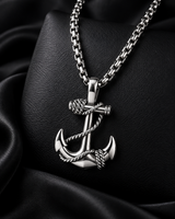 Front view of the SEYOR men’s silver rope-wrapped anchor pendant and box-link chain